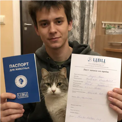 Хозяин с котом, ветеринарным паспортом и бланком приёма